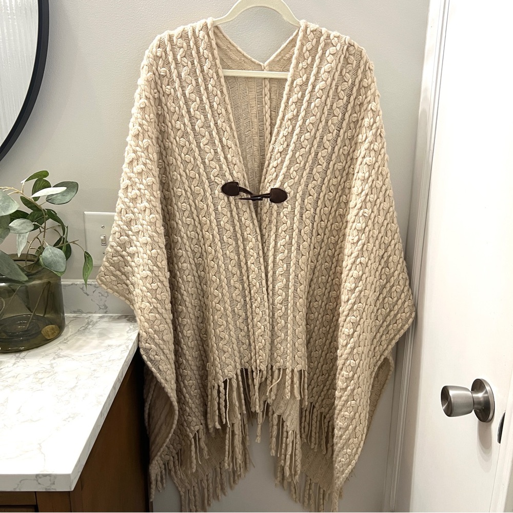 Cream Cable Knit Poncho Wrap with Toggle Closure